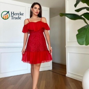 Steps Romantic Red Off-Shoulder Lace Dress