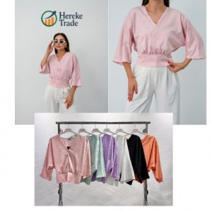 Steps Satin V-Neck Blouse with Wide Sleeves