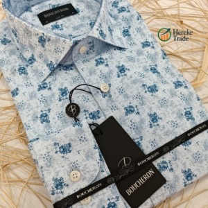 Boucheron Men's Light Blue with Dark Blue Floral Pattern Shirt