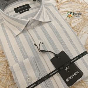 Boucheron Men's  Cream with Grey Wide Striped Shirt