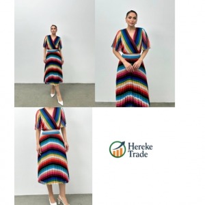Steps Rainbow Striped Pleated Midi Dress