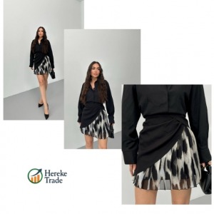 Steps Asymmetric Wrap Mini Skirt with Pleated Print Panel